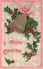 Vintage Postcard 1911 A Merry Christmas Bell Green Leaves Ribbon Design Card