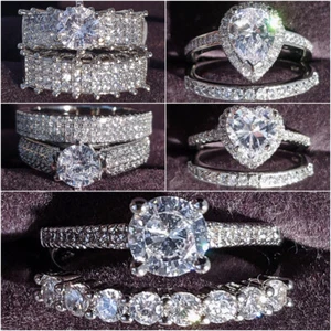 2 Pcs/set Women 925 Silver Plated Rings Cubic Zircon Engagement Jewelry Sz 6-10 - Picture 1 of 22