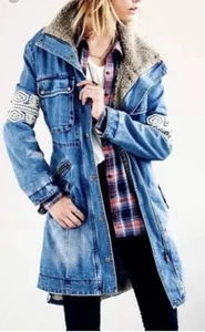Chaqueta Free People Mujer Pequeña Renderizada Bordada Denim Sherpa Trucker Abrigo - Imagen 1 de 13