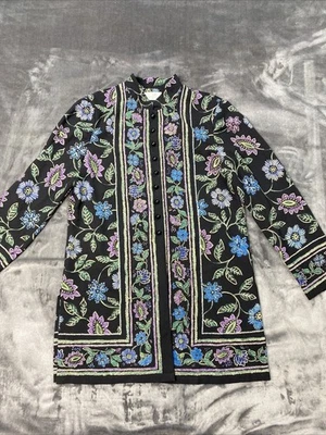 Vestido Liz Claiborne Petite Vintage Verde Púrpura Azul Floral Cuello Mandarín Foto 1 de 4