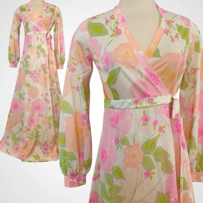 Maxi Vestido OLGA Sedoso Nailon Vintage Rosa Estampado Floral Envolvente Bata Vestido S Foto 1 de 4