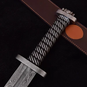 Handmade Damascus Steel Viking Sword with Leather Sheath – 36" Double Edge Blade - Picture 1 of 5
