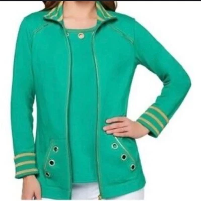 Quacker Factory Womens 2X Two Piece Set Tank Zip Up Jacket Rhinestones Green - Image 1 of 4