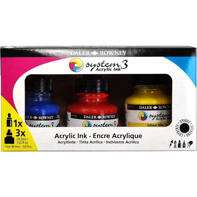 Encres acrylique - 3 flacons 29,5ml + 1 marqueur - Couleurs primaires -  Daler R - Photo 1/4