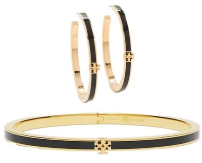 TORY BURCH BLACK AND GOLD KIRA ENAMEL BRACELET AND EARRING SET - Image 1 of 4