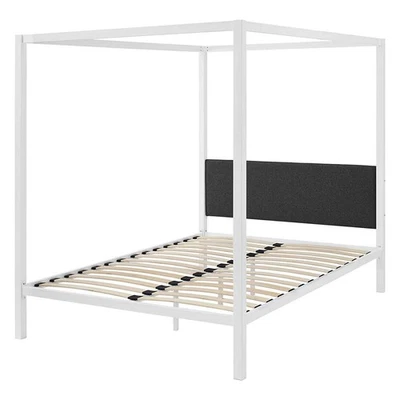 Queen White Canopy Bed Frame w/ Grey Upholstered Headboard - Image 1 of 4