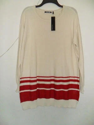 Daisy Fuentes 条纹束腰毛衣圆领自然/狂欢红色 尺寸:大号 全新 带 T — 第 1/4 张图片