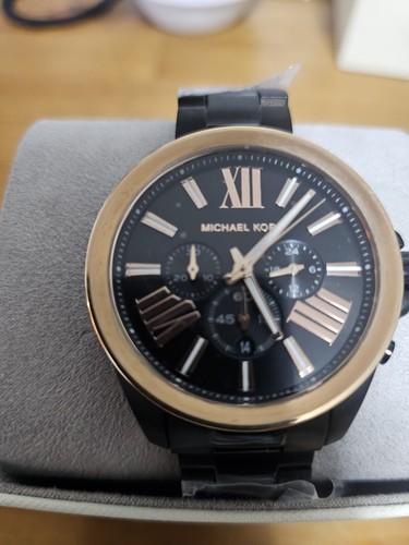 NUOVO OROLOGIO DA UOMO AUTENTICO MICHAEL KORS WREN ORO ROSA NERO CRONOGRAFO MK8933