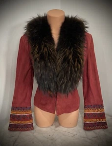 Amazing DOUBLE D RANCH Suede Jacket with Raccoon Fur Collar & Embroidery Sz S - Picture 1 of 12