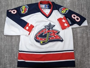 Vtg Columbus Blue Jackets NHL Geoff Sanderson #8 CCM White Jersey Size L Canada - Picture 1 of 15