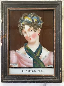 Pintura al revés de arte popular continental del siglo XIX sobre vidrio de una dama - L'Automne - Imagen 1 de 7