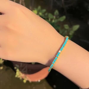 Lab Created Blue Turquoise 14K Yellow Gold Plated Women's Tennis 3 MM Bracelets - Picture 1 of 10