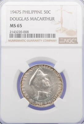 1947-S Philippine 50 centavos MS65 Douglas MacArthur (L0345) - Image 1 of 4