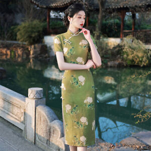 New Luxurious Chinese Asian Moss Green Peony Prints Long Dress Cheongsam Qipao