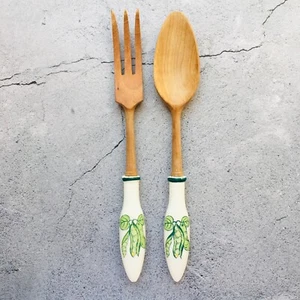 Green Bean Pea Pod Ceramic Handle Salad Tong Serving Set Wood Fork & Spoon 12" - Picture 1 of 6
