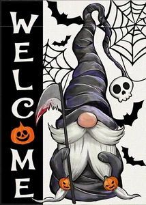 Welcome Halloween Gnome Decorative Garden Flag, Spooky Jack O Lantern Pumpkin Sk - Picture 1 of 6