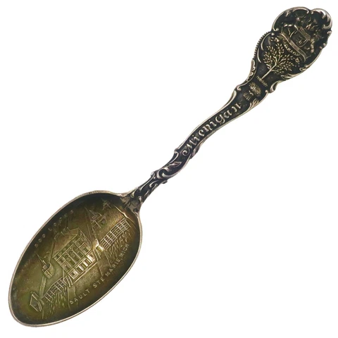 Vintage Michigan SOO LOCKS Sault Ste Marie Sterling Silver Souvenir Spoon 5-1/2" Cover
