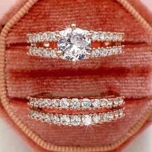 4Ct Round Natural Moissanite Bridal Engagement Ring Set 14K Rose Gold Plated - Picture 1 of 8