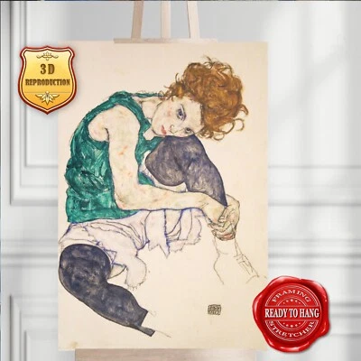 Egon Schiele. Mujer sentada con rodillas dobladas. Gel de textura 3D hecho a mano 15x23 pulgadas Foto 1 de 4