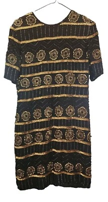 Stenay 复古换装连衣裙 80 年代 Glam 黑色金色亮片珠短袖 14 码  — 第 1/4 张图片