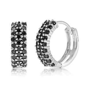 1 ct Black Diamond Hoop Earrings Women .925 Sterling Silver Three Row 1/2 Inch - Picture 1 of 5