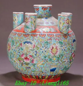 9.8"Qing Qianlong Emaille Farbe Porzellan Blume Muster Sechs Mund Flasche Vase - Picture 1 of 9