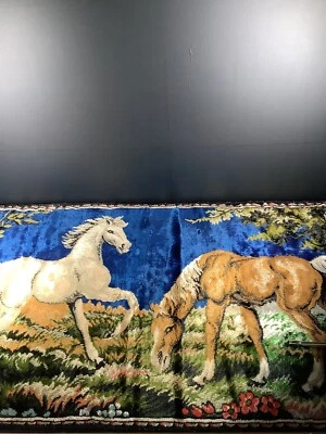 Vintage Italian 28 x 20 Hanging Wall Tapestry Rug Brown & White Horses  - Image 1 of 4