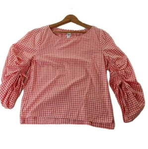 Gap Top Women Medium M Pink Gingham Adjustable Ruched Sleeves 100% Cotton Prarie - Picture 1 of 13