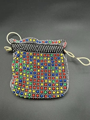 Vintage Candy Dot Beaded Drawstring Purse Reversible Black And Red - Image 1 of 4