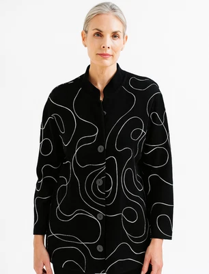 Chicos Travelers Jacket Womens Sz 3 XL Button Front Black White Embroidery Art - Image 1 of 4