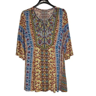 Soft Surroundings Fifi 花卉刺绣混合印花喇叭袖上衣 M 2EA57 — 第 1/4 张图片