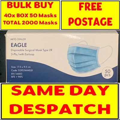 Face Mask 40x Box's 50 mask = qty: 2000 3 Ply Surgical WHOLESALE BULK Disposable - image 1 of 3