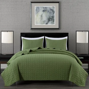 Madrid 3-Piece Loden Green Cotton Quilt Set Queen Size - Herringbone Quilted ... - Picture 1 of 9