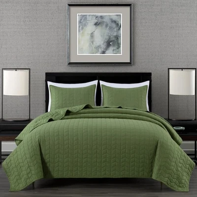 Madrid 3-Piece Loden Green Cotton Quilt Set Queen Size - Herringbone Quilted ... - Image 1 of 4