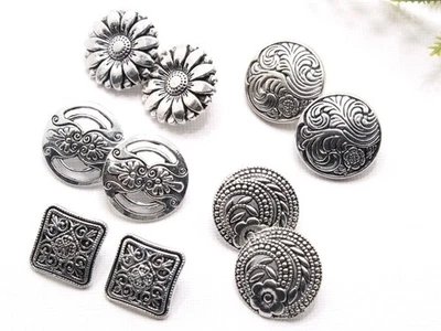 5 Pairs Antique Silver Plated Decorative Metal Buttons – (13.5–17.5mm) - Image 1 of 4