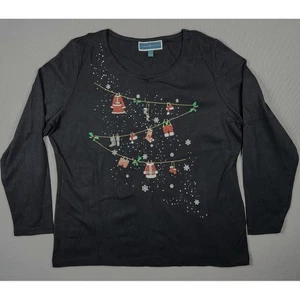 Karen Scott XL Weihnachten Wäscheleine Damen schwarz Langarmshirt 100% Baumwolle - Bild 1 von 9