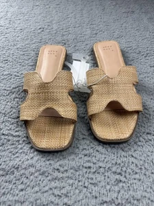 A New Day Sandals Shoes Womens Size 7 Tan Woven Raffia Slide Square Toe Slip On - Picture 1 of 7