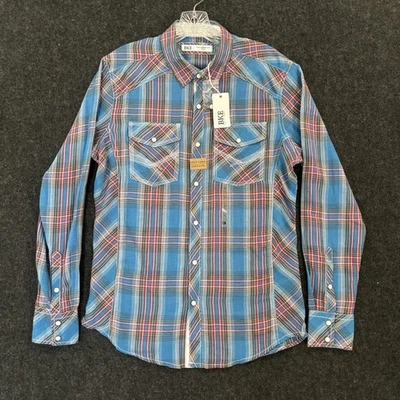 Camisa masculina BKE Pearl Snap xadrez azul pequena ajuste sob medida bolsos caubói ocidental - Imagem 1 de 4