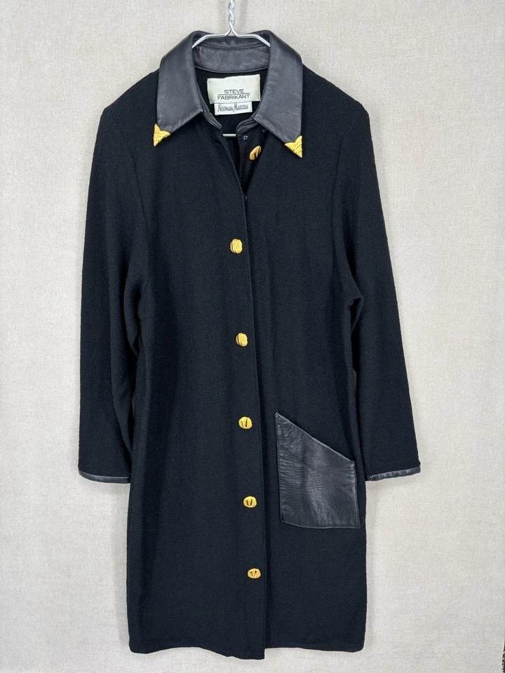 复古 Steve Fabricant 连衣裙 S 黑色 Santana 针织金色纽扣皮革旗帜 — 第 1/4 张图片