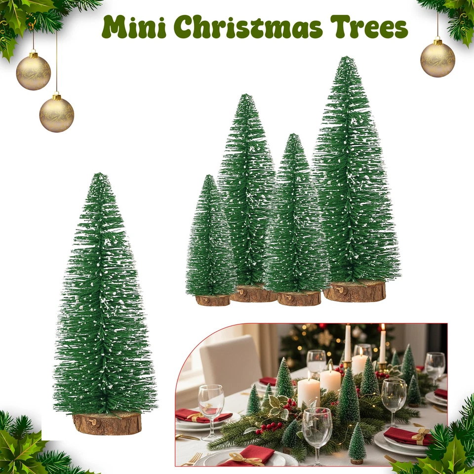 TRIMMING SHOP Mini Christmas Trees Set 4pcs 8pcs Green Snow Frost Bottle Brush Table Top Decor