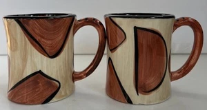 2 Hand-painted Hand-turned  Orange And Tan Stoneware Studio Pottery Mugs Signed - Picture 1 of 19