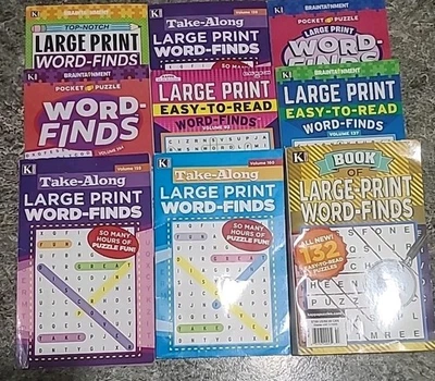 9 Assorted Large Print Word Search Find Puzzle Books PLUS 1 Free Bonus (Lot 77j) - Image 1 of 4