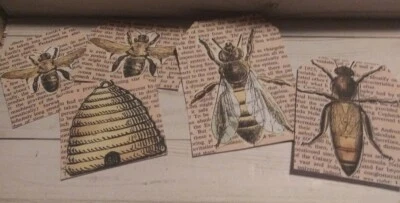 5 vintage style bee tag embellishments Junk Journal Scrapbooking Ephemera