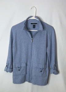 Karen Scott Sport size PM blue zip front jacket roll tab 3/4 sleeves pockets - Picture 1 of 8