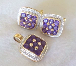 14K Yellow Gold Amethyst Diamond Earrings Pendant Set - 10.2 gms, 1.76 ctw - Picture 1 of 8