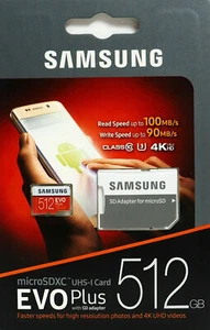 New Samsung EVO Plus 512GB Micro SD Memory Card W/ Adapter - Picture 1 of 2
