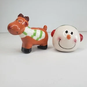 Ceramic Reindeer And Snowman Salt And Pepper Shakers Holiday Whimsical Cute - Picture 1 of 6