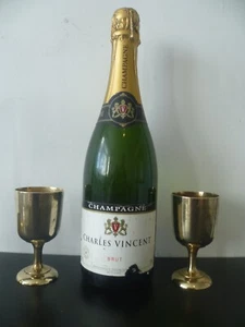 Vintage Pair of Small Indian Brass 'His & Hers' Wine Goblets. Brass Wine Goblets - Picture 1 of 7