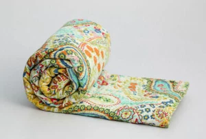 Indian Beige Paisley Kantha Quilt Twin Bedspread Blanket Reversible Throw Ralli - Picture 1 of 4