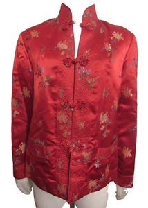 VTG solz squirrel silk reversible floral embroidered jacket L red & champagne - Picture 1 of 16
